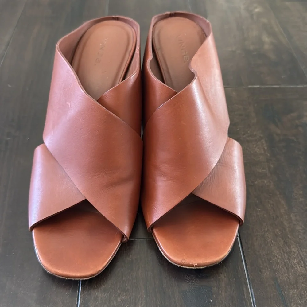 Vince Block Heel Brown Leather Sandals - Picture 2 of 8